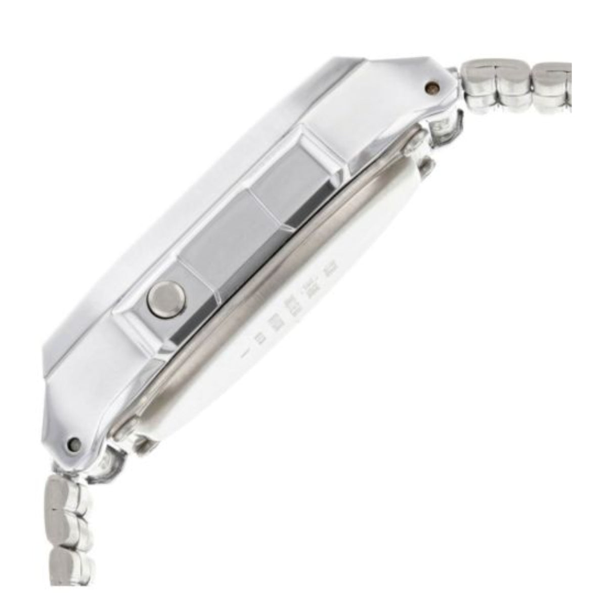 Slim side profile showing the silver case housing, metallic push buttons, and bracelet connection on the Casio Vintage Iconic A168WEM-2BEF