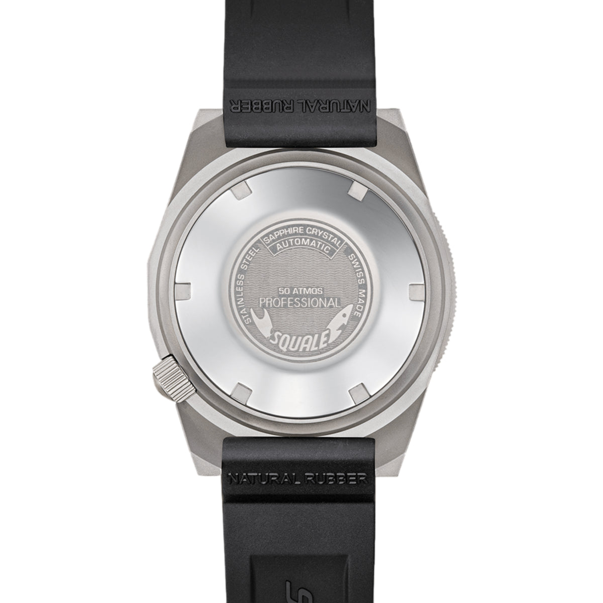 Men's automatic watch with black rubber strap, round silver case, embossed back dial