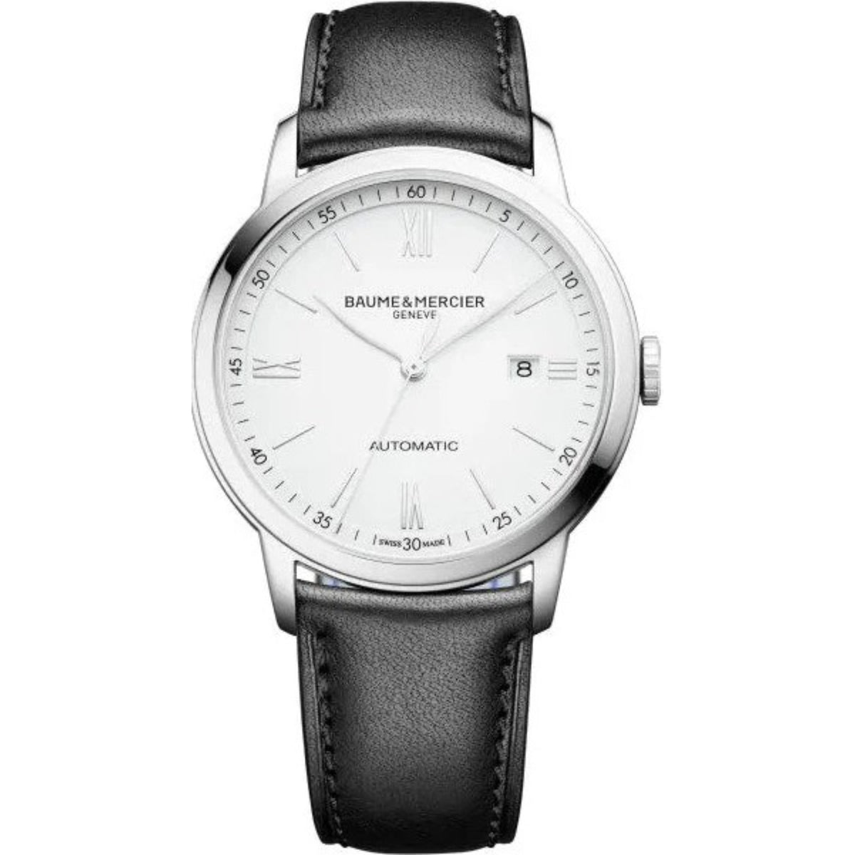 Men's automatic watch with white dial, black leather strap, round silver case, date window