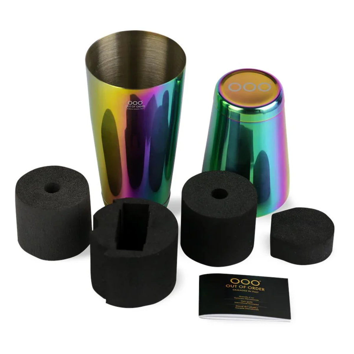 Iridescent watch cylinders with black foam inserts and small OOO card