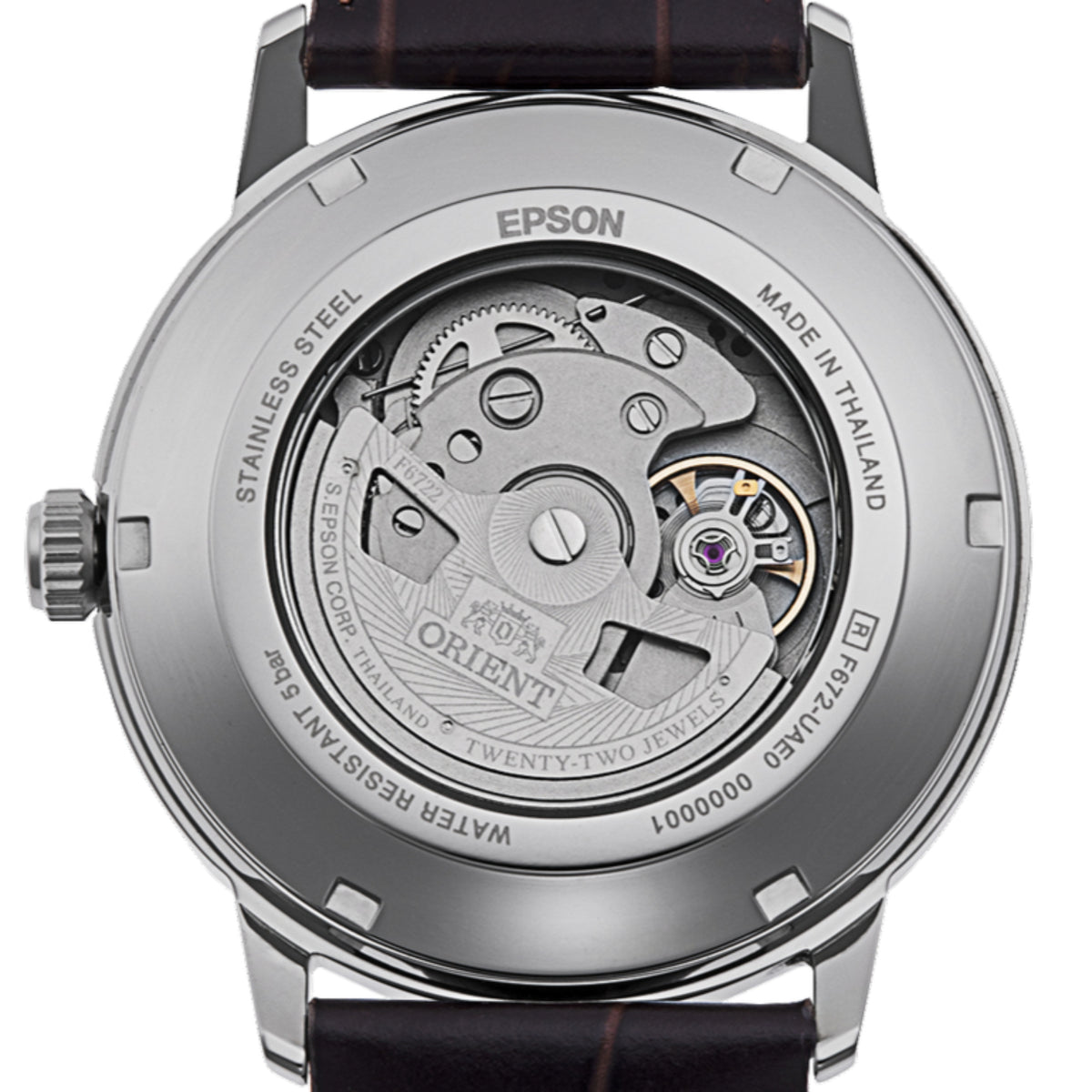 Orient Contemporary RA-AC0F13E30B exhibition caseback revealing automatic movement close-up