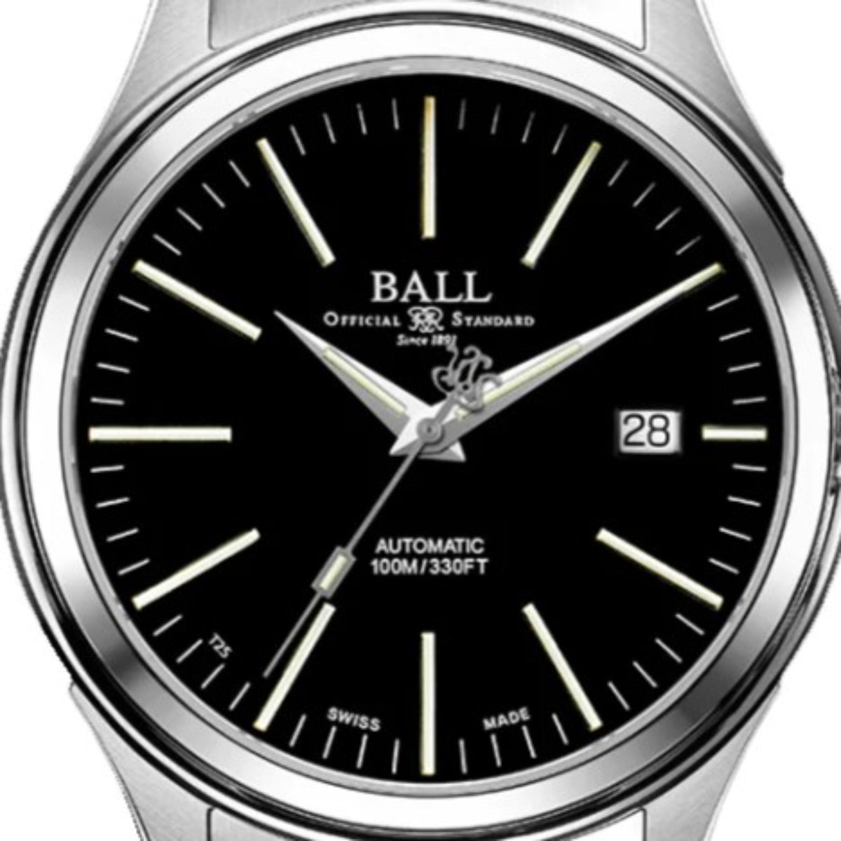 Automatic watch face with black dial, green accents, and date window at 28
