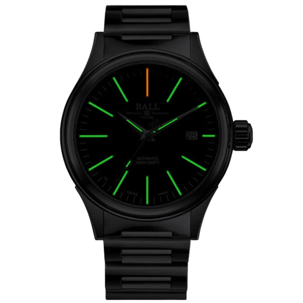 Men's automatic wristwatch with black dial, green markers, and black steel bracelet
