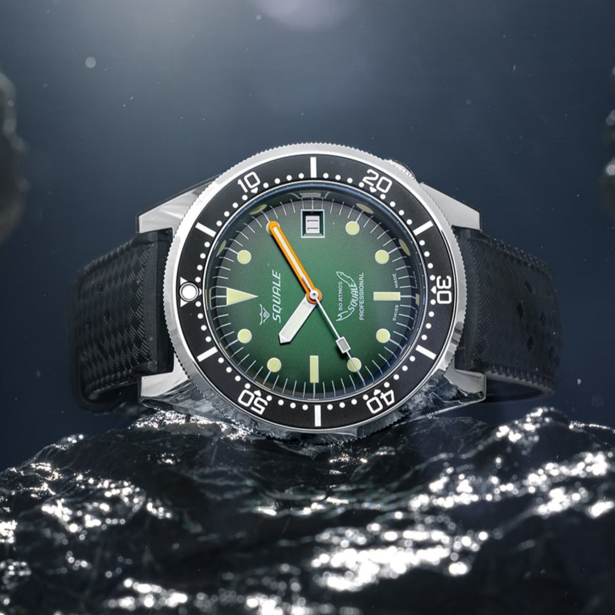 Squale 1521 50 ATMOS Professional dive watch featuring matte green dial and black rubber strap