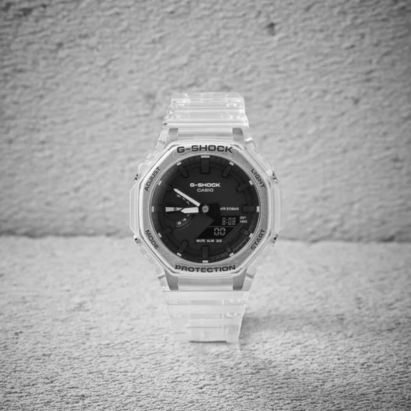 Casio G-Shock Octagon Series GA-2100SKE-7AER front view artistic monochrome shot