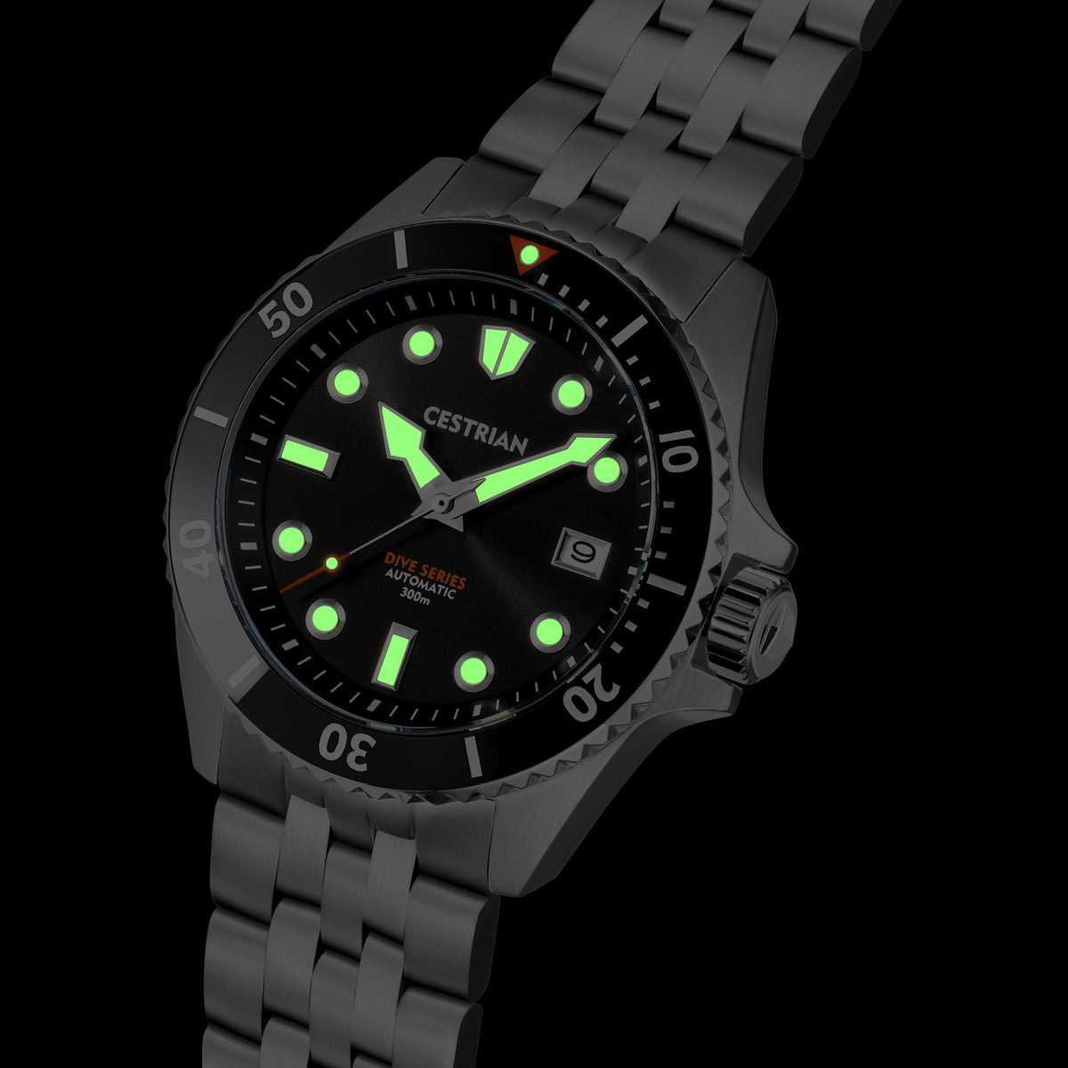 Men's dive watch with black dial and bright green lume, steel bracelet, black ceramic bezel