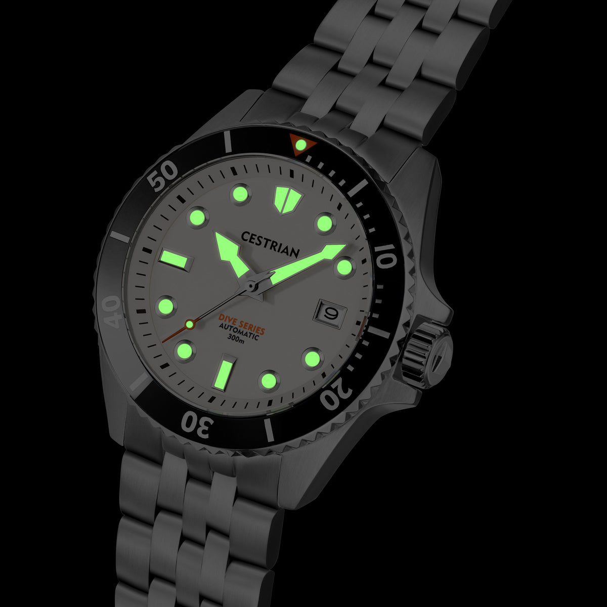 Men's dive watch with black case, green luminous dial, black bezel, steel bracelet