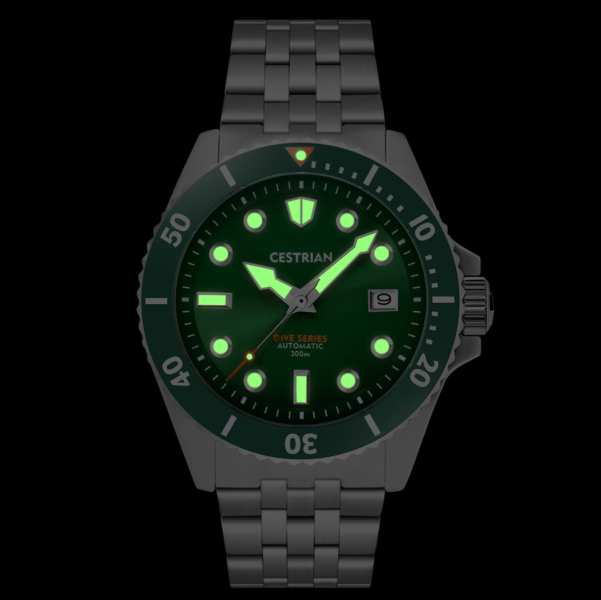 Men’s dive watch with bright green luminous dial and dark bracelet, bezel with numbers