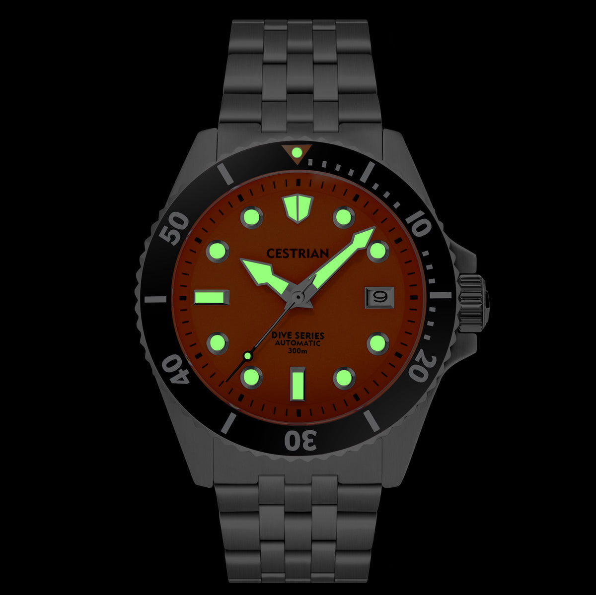 Men's dive watch with orange dial, black ceramic bezel, and luminous markers
