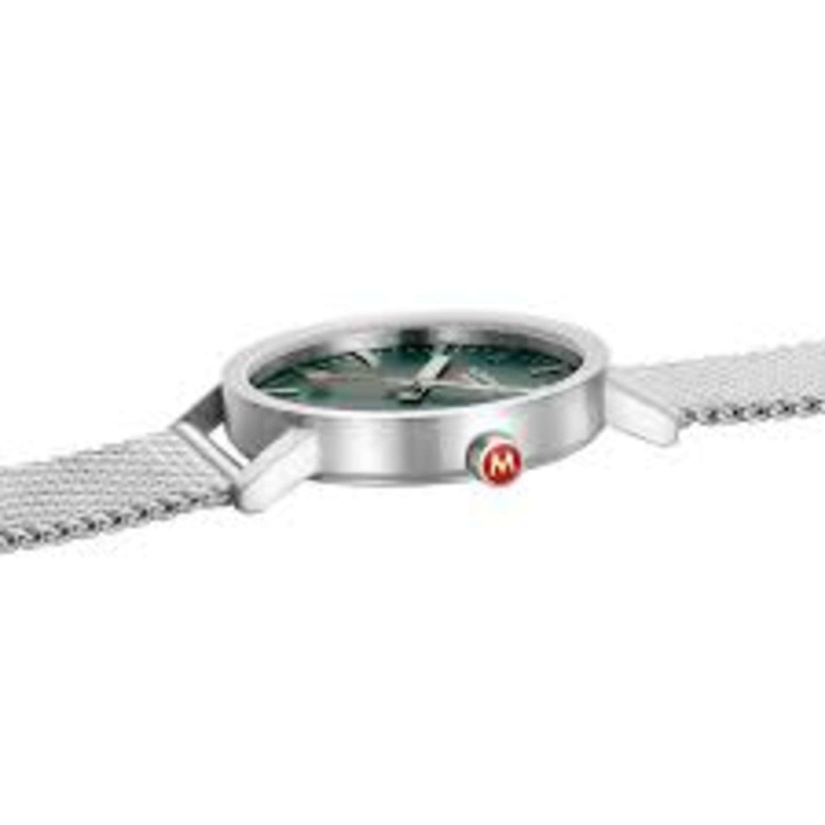 Silver watch case with crown and metal mesh bracelet; forest green dial from side