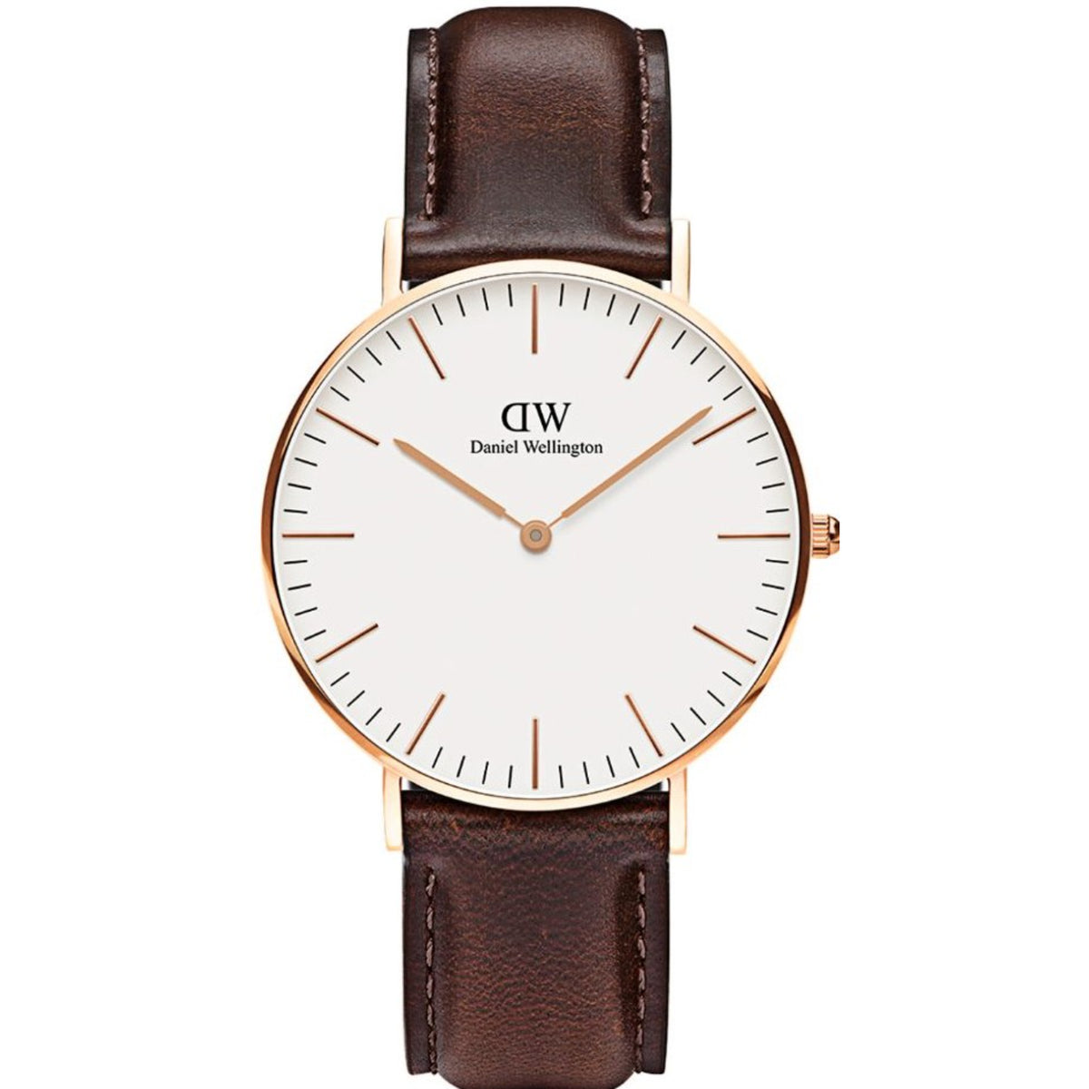 Men's quartz watch with white dial, rose-gold case, and brown leather strap.