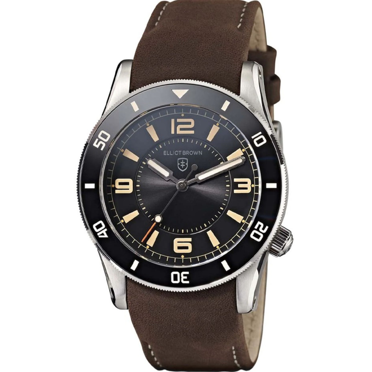 Elliot Brown men’s diver watch with dark dial, silver bezel, and brown leather strap