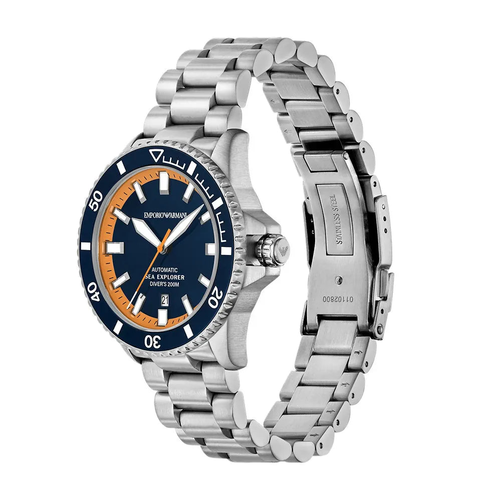 Angled view of the Emporio Armani Sea Explorer AR60090 watch highlighting the steel link bracelet, orange accents, and blue dial