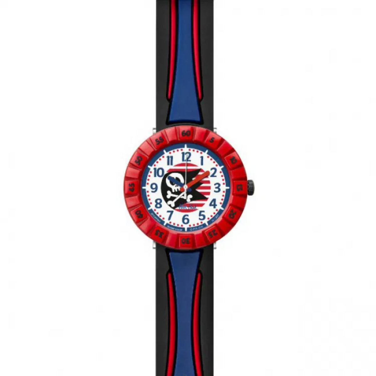 Kids wristwatch side view with round dial, red bezel, and blue-black strap