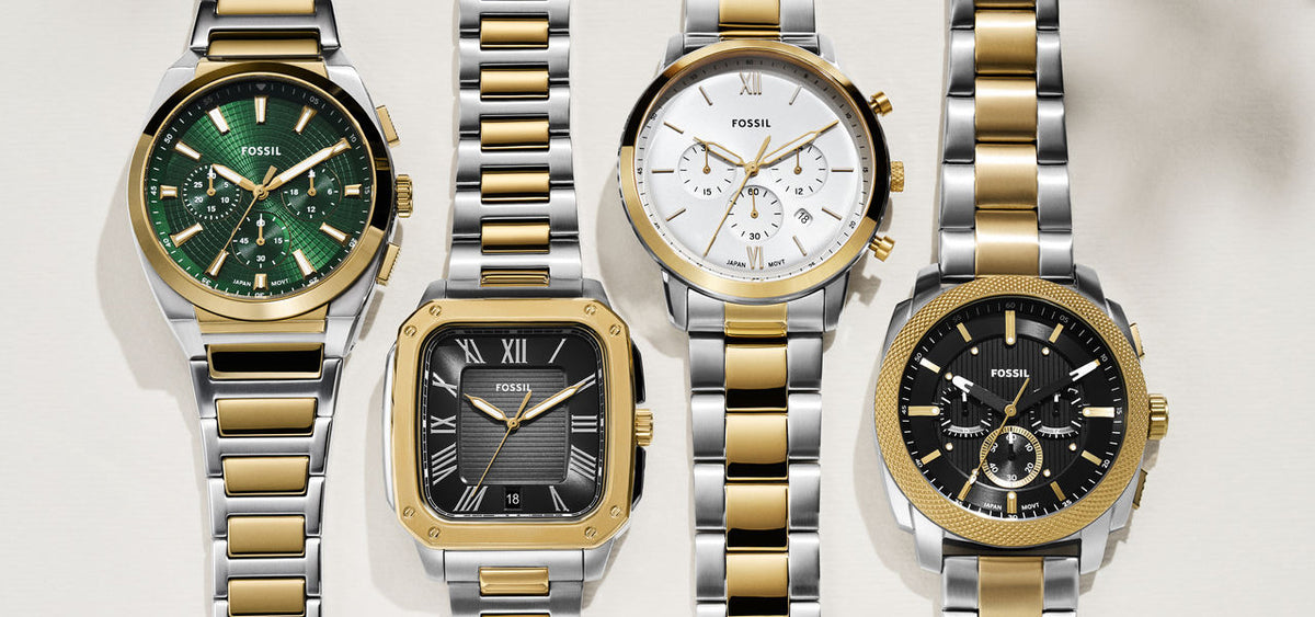 Fossil mens two-tone watches with green, black, white, and dark dials