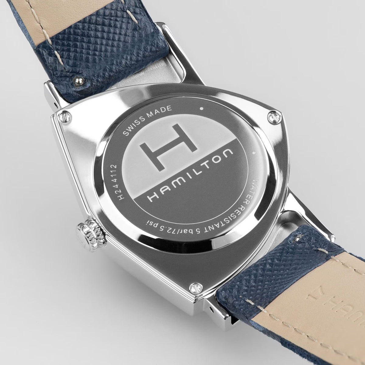 Hamilton H24411942 blue Alcantara textile strap and case back detail