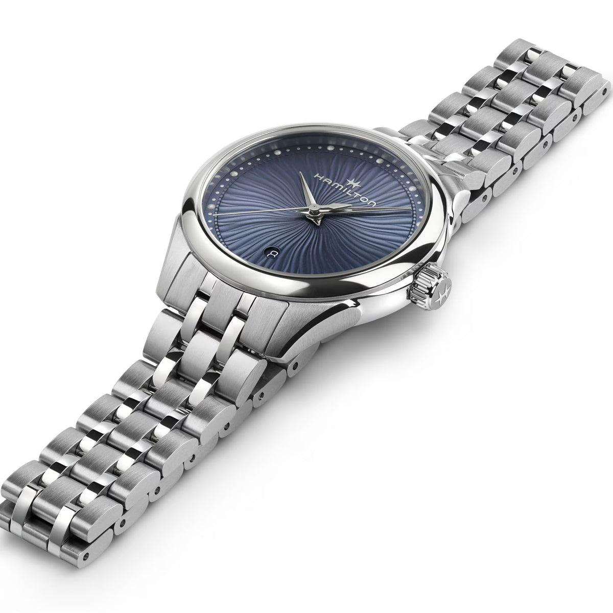 Hamilton Jazzmaster steel quartz watch, blue sunburst dial, metal link bracelet