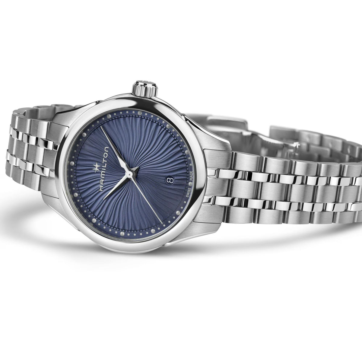 Hamilton Jazzmaster steel quartz watch with blue textured dial and crown
