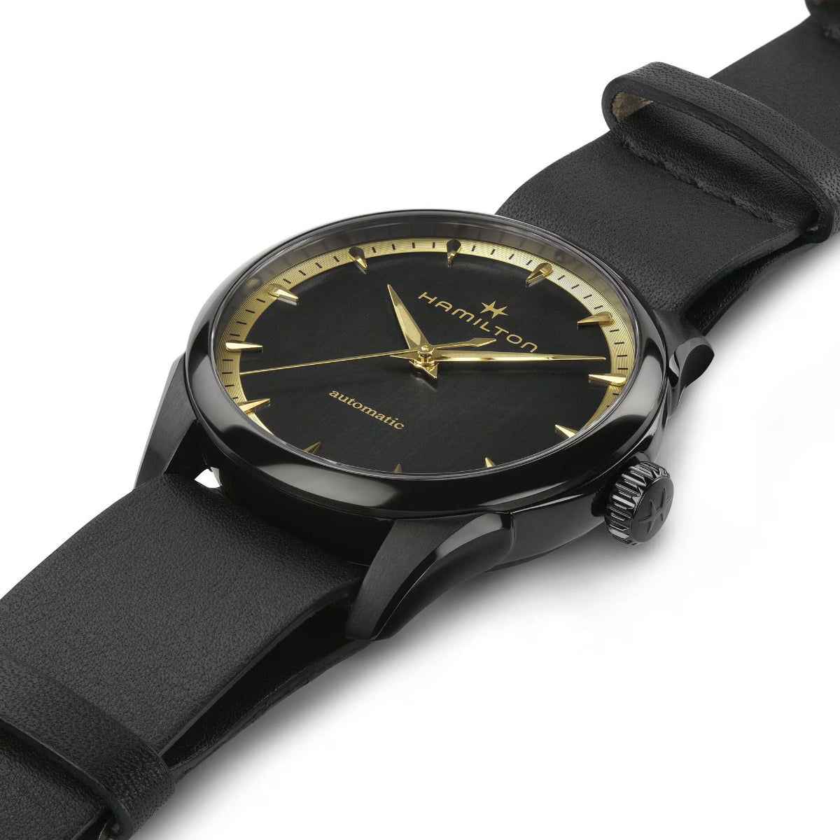 Black dial automatic watch with gold hands and hour markers, black leather strap