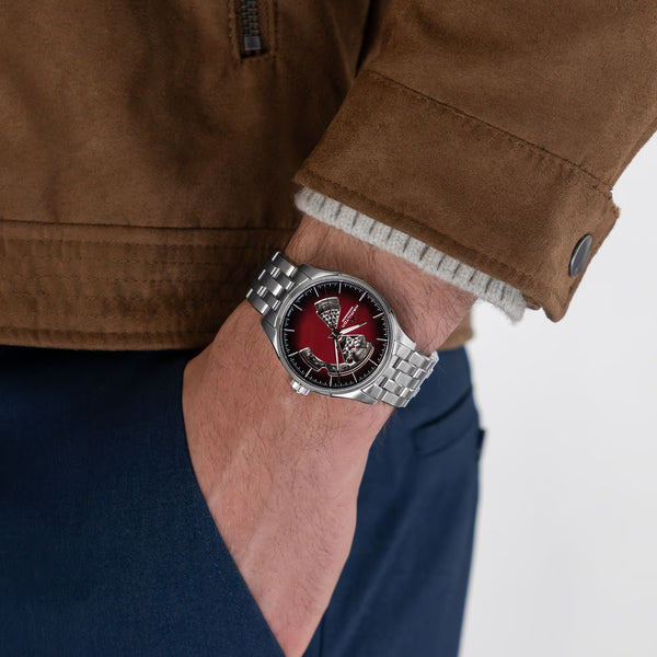 Hamilton Jazzmaster Open Heart 40mm burgundy dial H32675170 steel watch on wrist