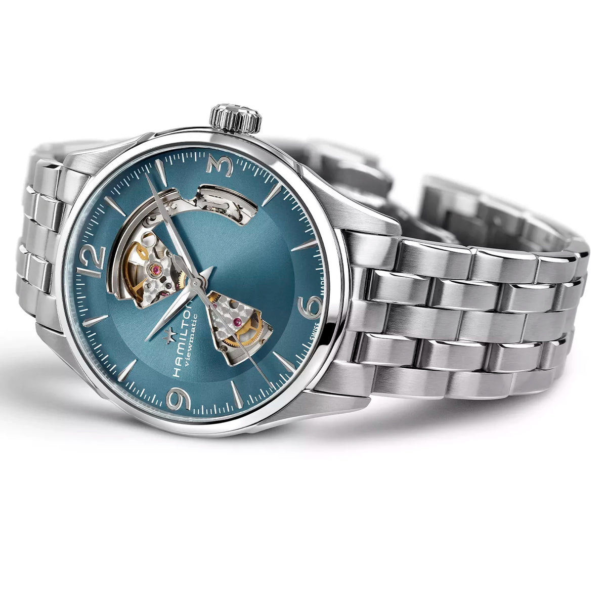 Men's stainless steel automatic watch with open-heart blue dial and steel bracelet