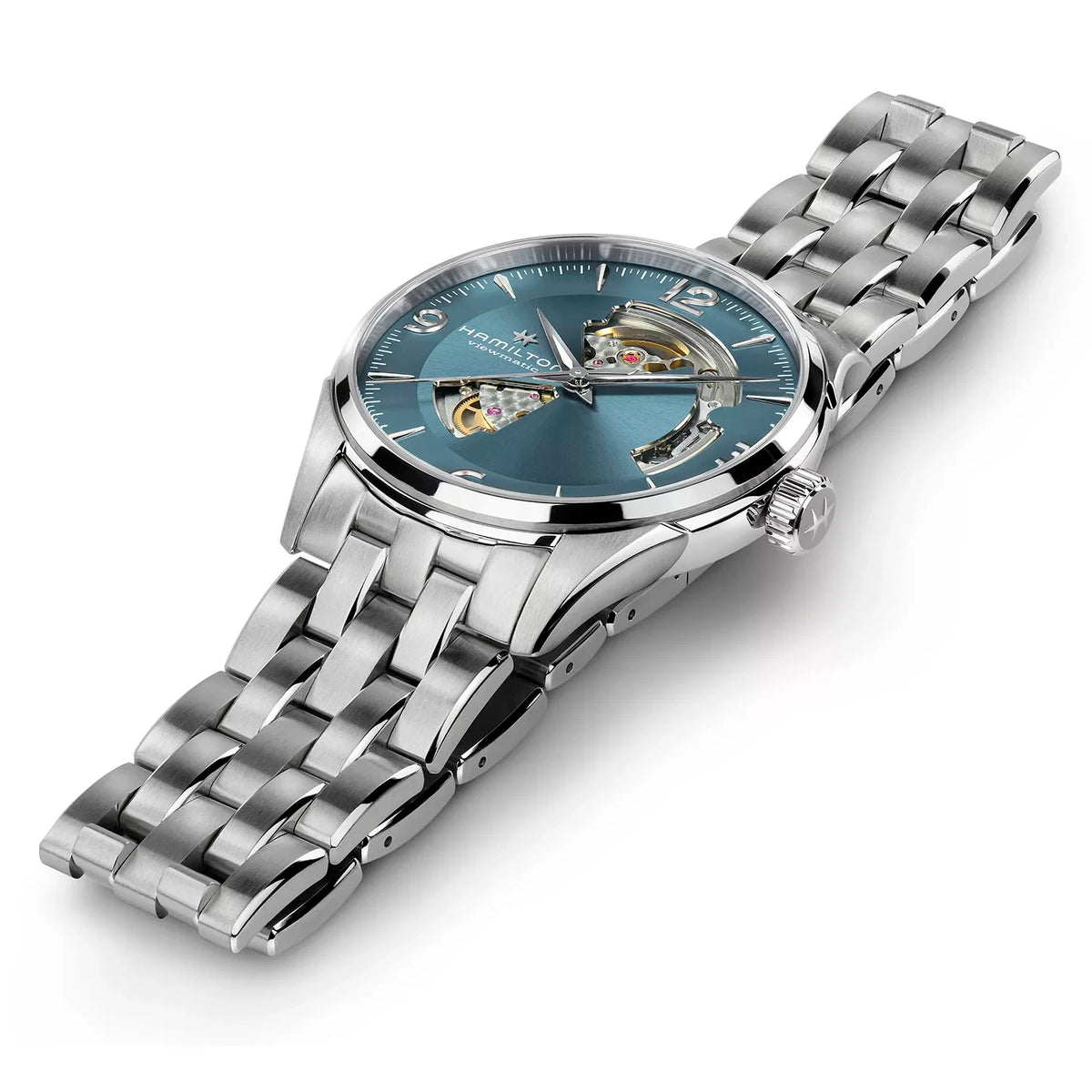 Men's steel automatic watch with open-heart blue dial and linked metal bracelet