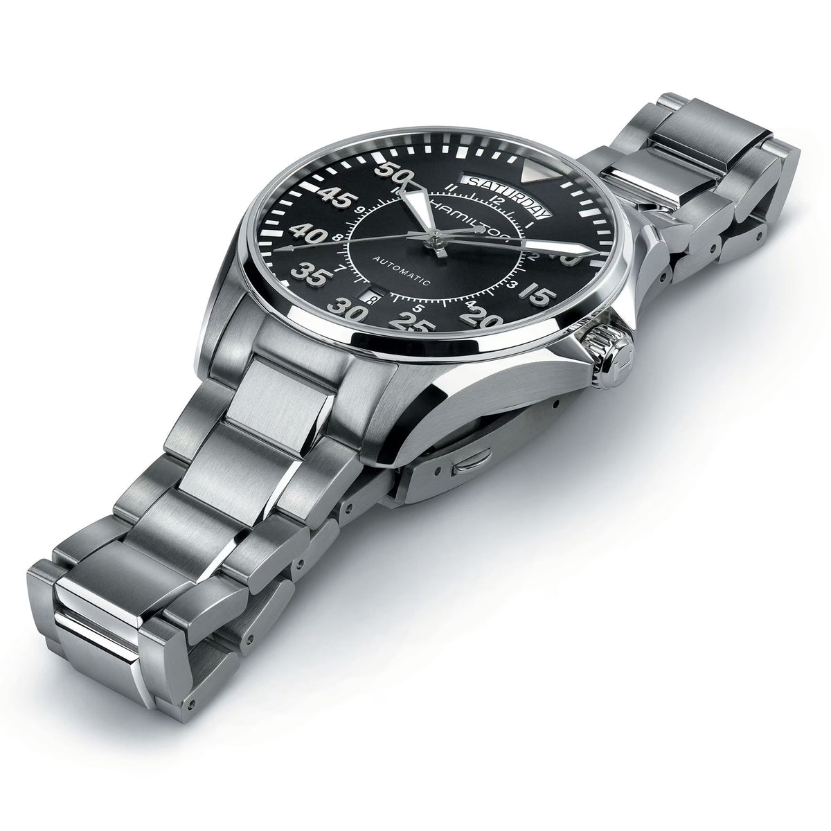 Angled view highlighting the brushed stainless steel links and sapphire crystal on the Hamilton Khaki Aviation H64615135