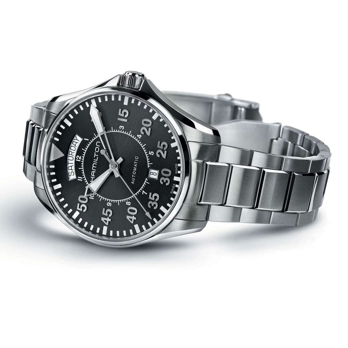 Side-angle view displaying the polished casing, winding crown, and aviator-style face of the Hamilton Khaki Aviation H64615135 wrist watch