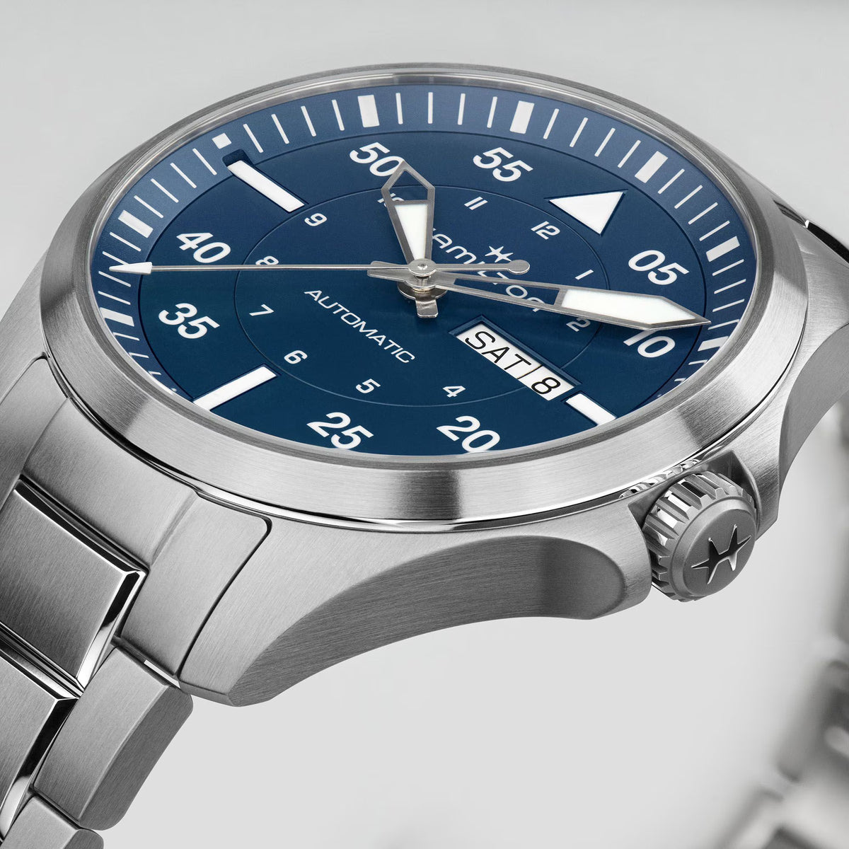 Hamilton Khaki Aviation H64635140 42mm stainless steel case side profile 