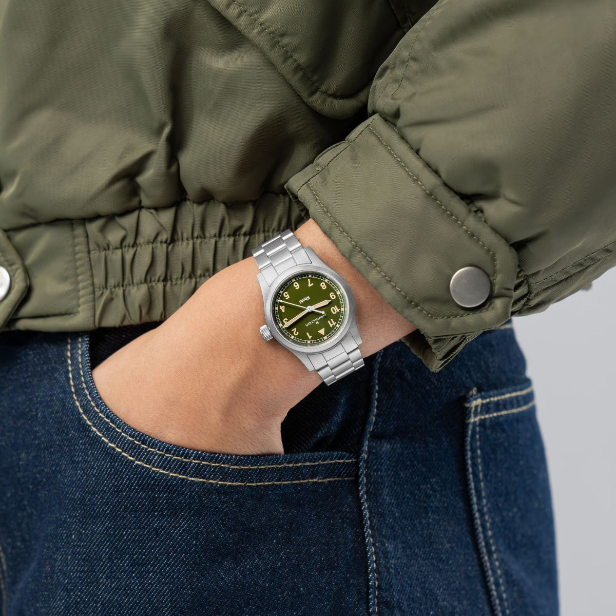 Hamilton Khaki Field 33mm green dial ladies watch worn on wrist