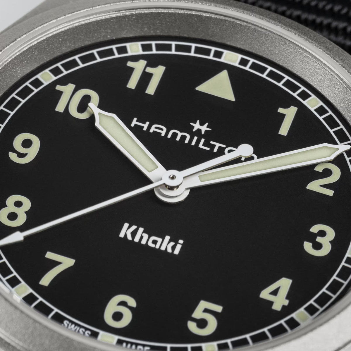 Hamilton Khaki Field H69301430 black dial with Arabic numerals and railway minute track close-up