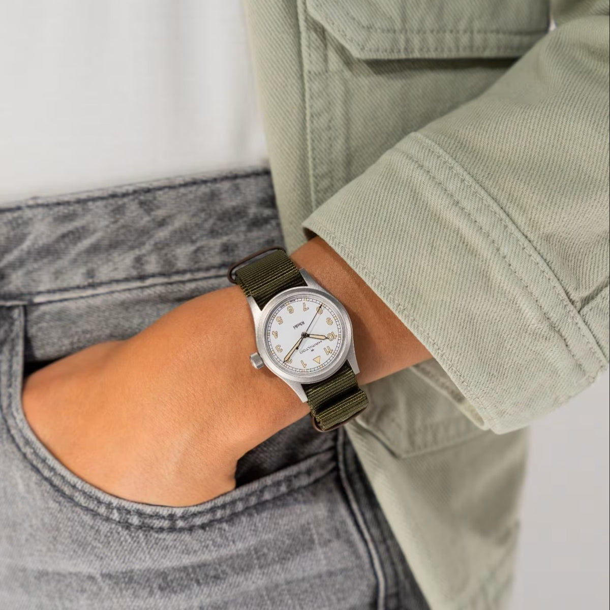 Hamilton Khaki Field H69301910 33mm white dial NATO quartz watch worn on wrist