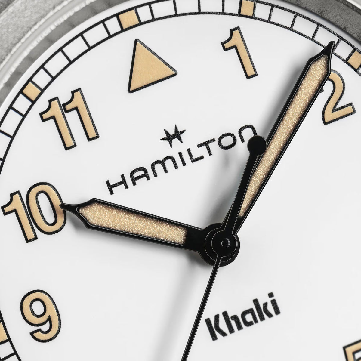 Hamilton H69301910 white dial with railway minute track and luminous Arabic numerals close-up