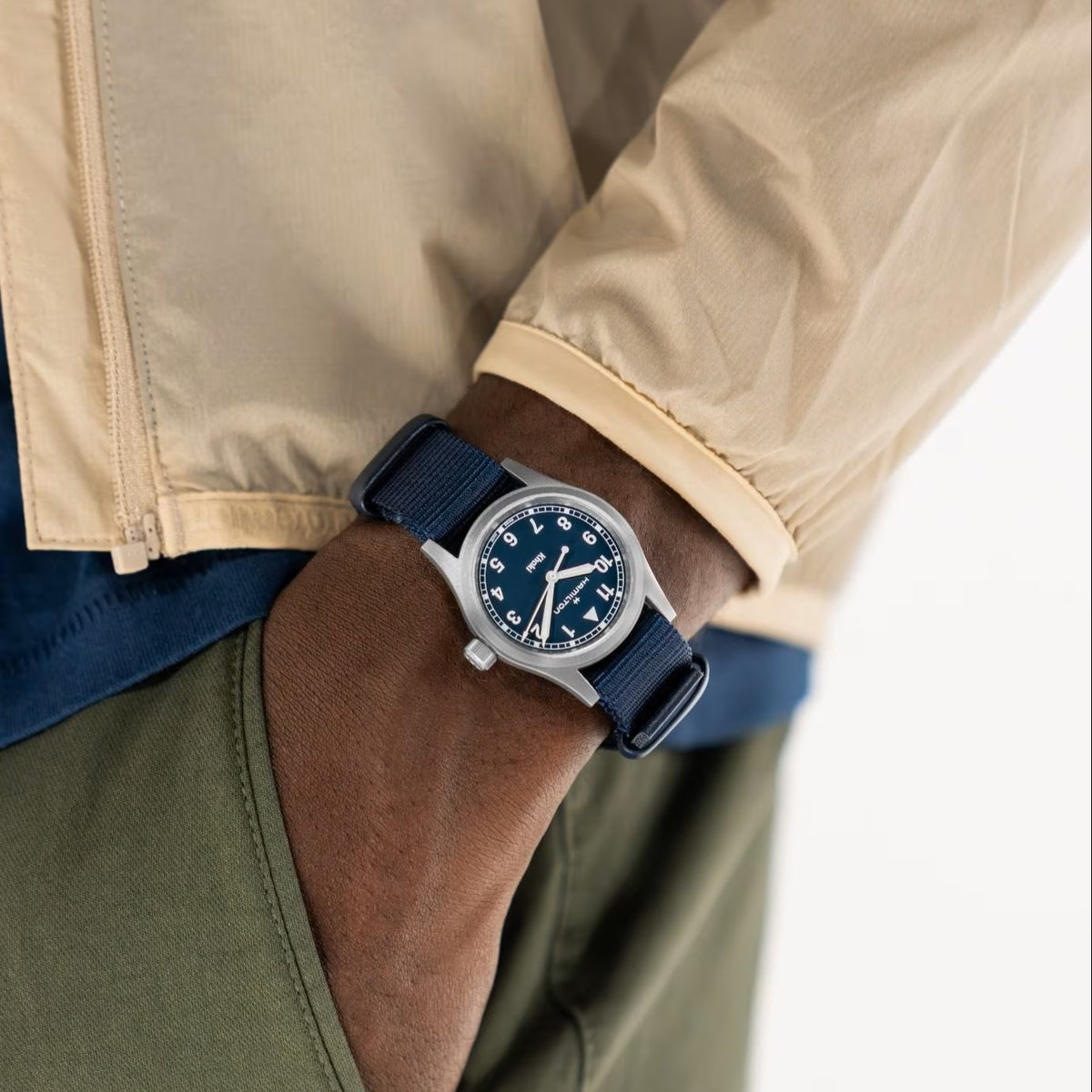 Hamilton Khaki Field 33mm blue dial NATO quartz watch worn on wrist H69301940