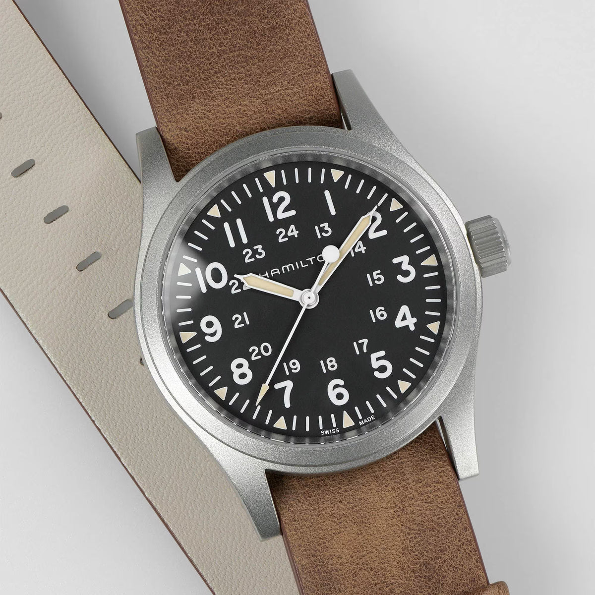 Hamilton Khaki Field H69439531 luminous syringe hands and markers close-up