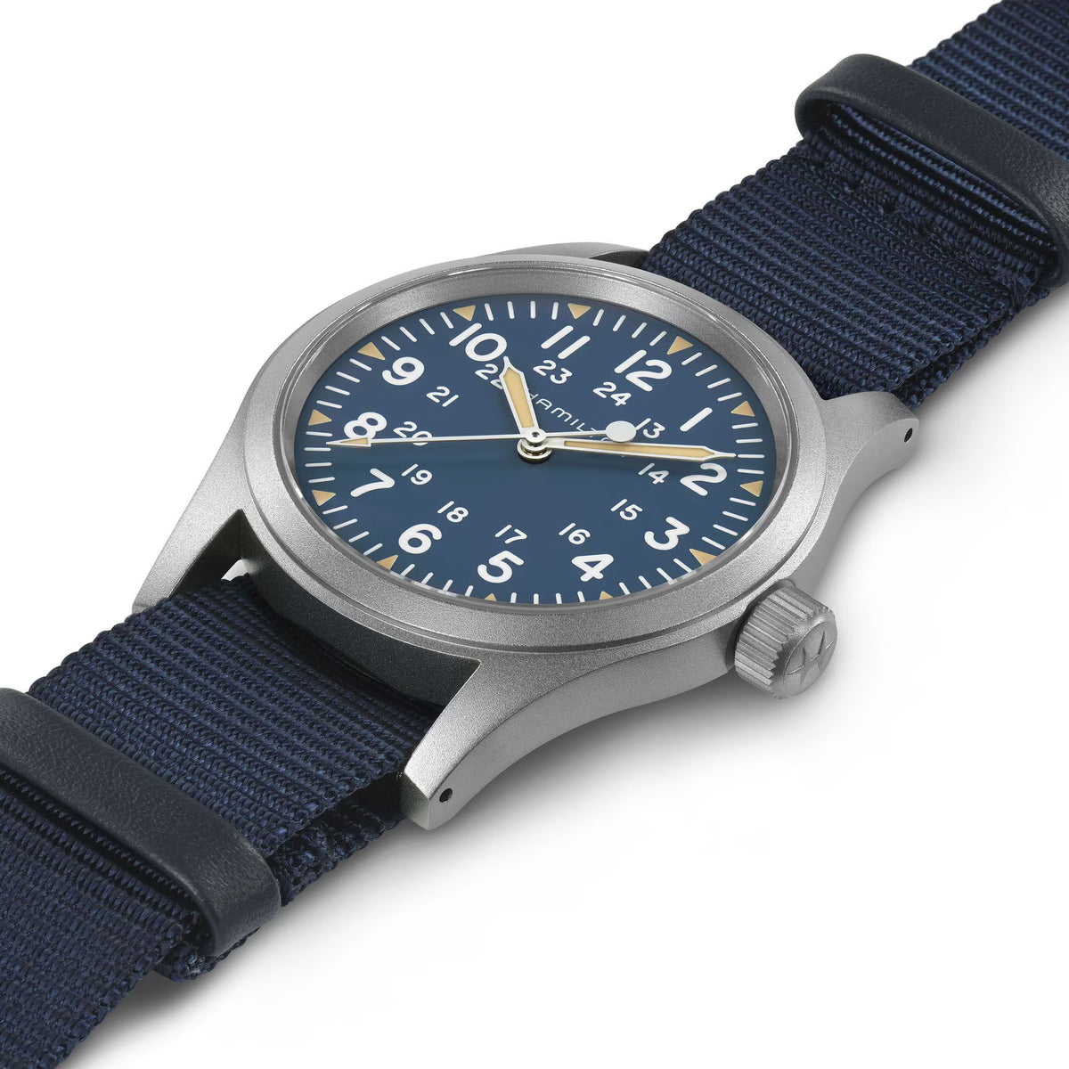 Side angle of Hamilton Khaki Field H69439940 displaying sapphire crystal glass and dark blue military dial