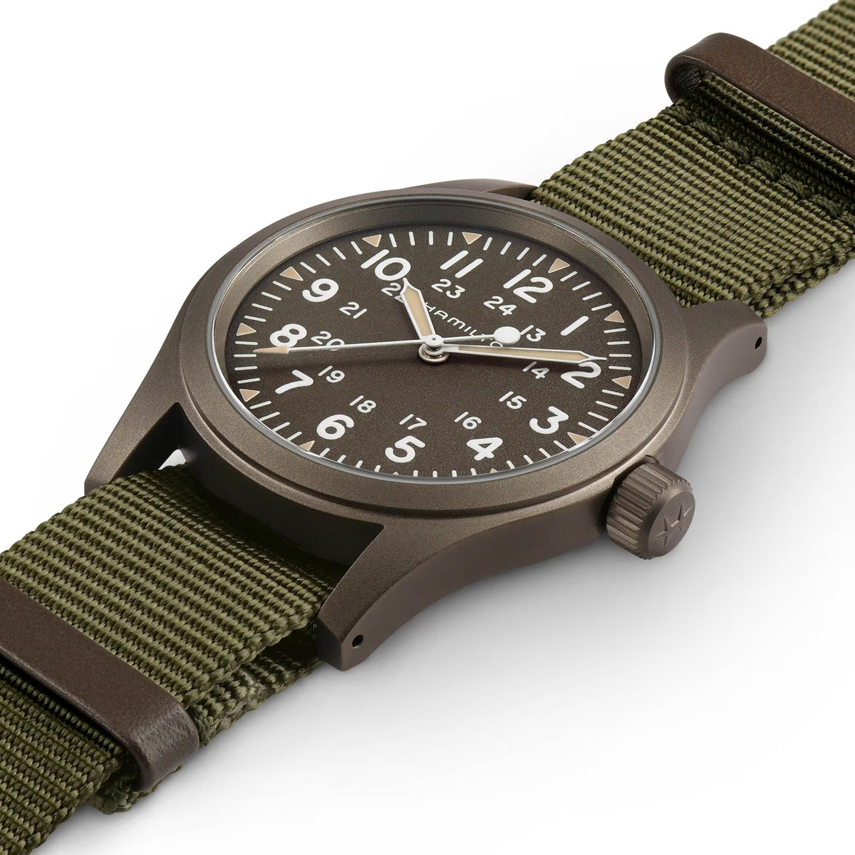 Men's field watch with green dial on olive NATO strap, round dark case