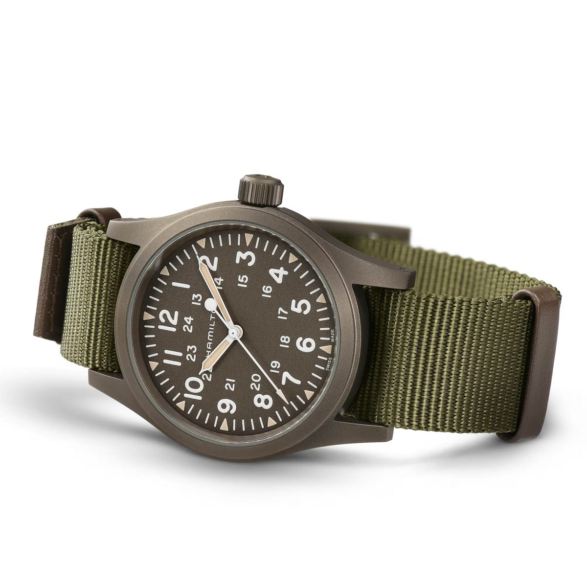 Men's mechanical field watch with green dial and olive NATO strap, round dark case