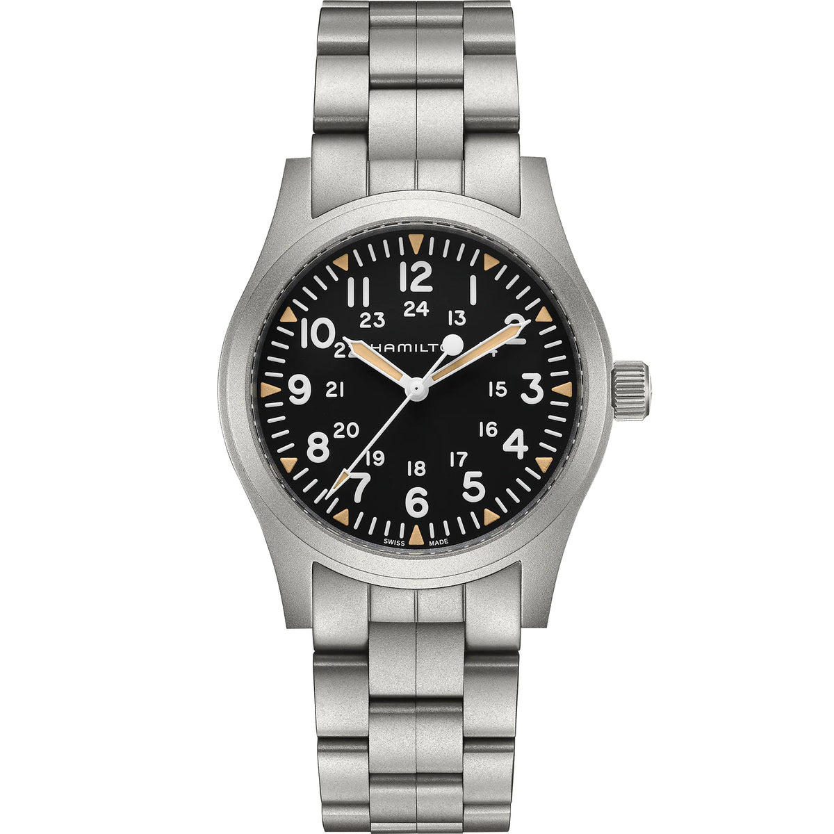 Men's mechanical wristwatch with black dial and steel bracelet, 42mm case.