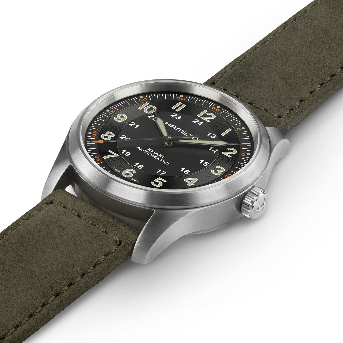 Hamilton Khaki Field H70205830 watch side view laying flat showing stainless steel case profile, signed crown, and green leather strap