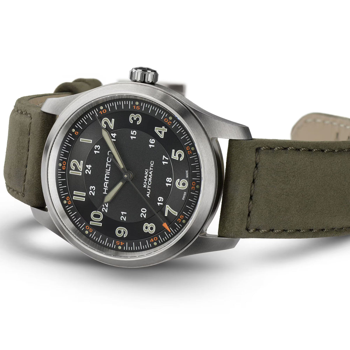 Hamilton Khaki Field H70205830 automatic watch angled perspective view showing black dial, brushed steel case, and green leather strap