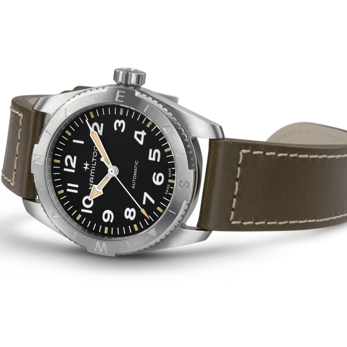 Hamilton automatic watch, black dial with Arabic numerals, leather strap, stainless bezel
