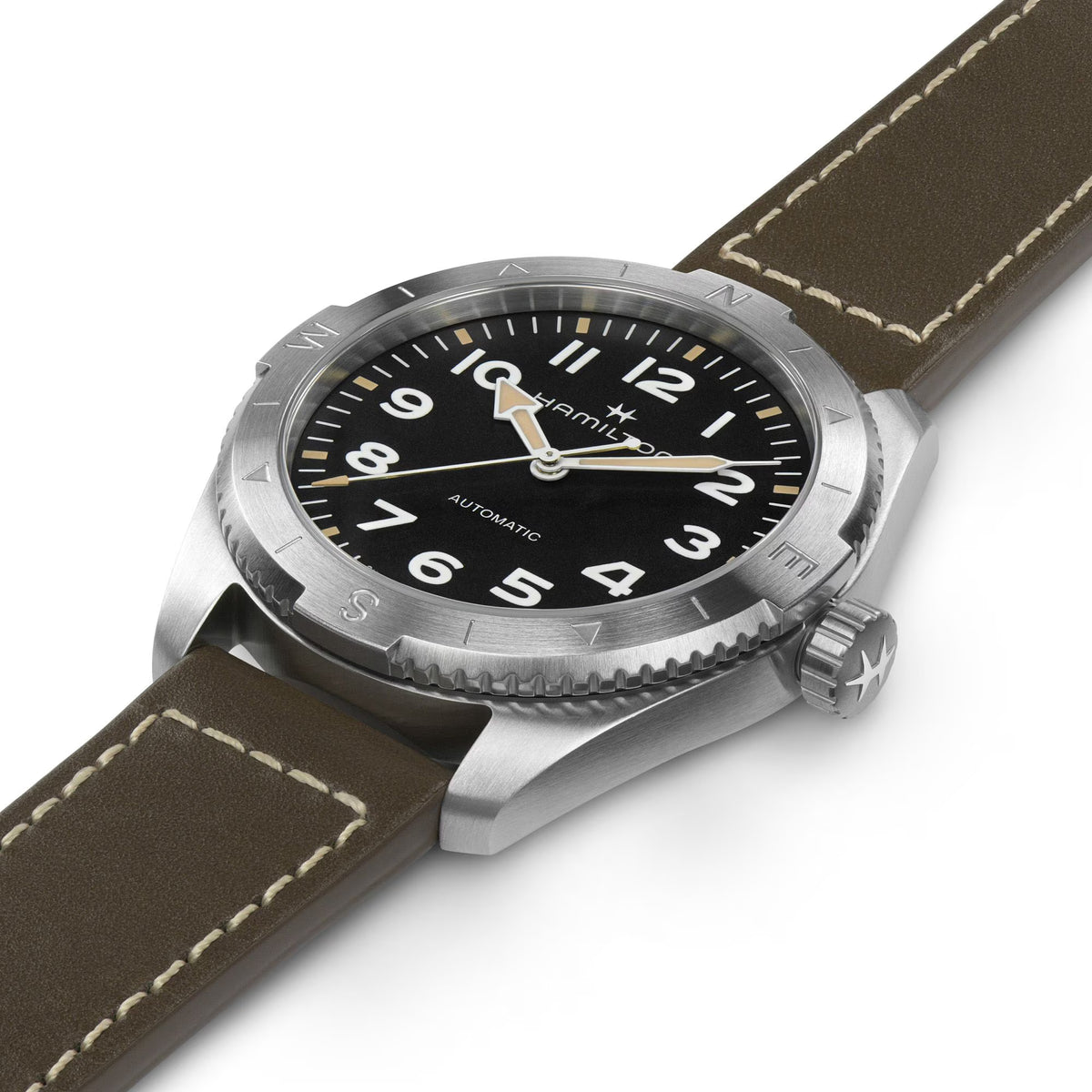 Men's automatic wristwatch with black dial, metal case, and olive leather strap.