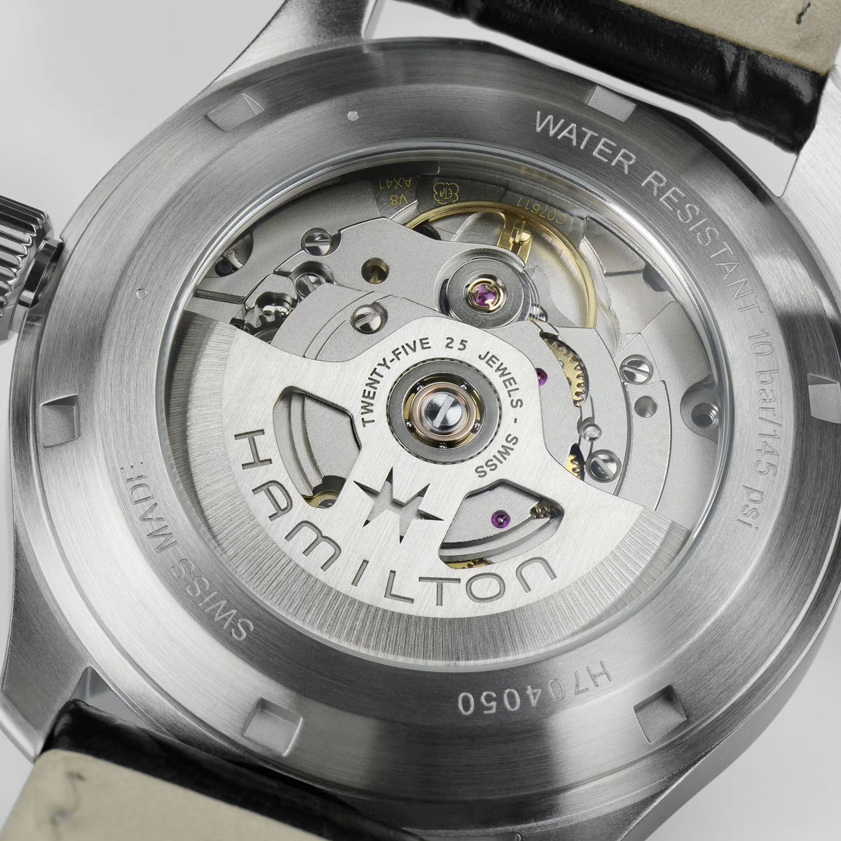Hamilton Khaki Field Murph H70405730 mens watch caseback view displaying transparent exhibition back with visible automatic movement