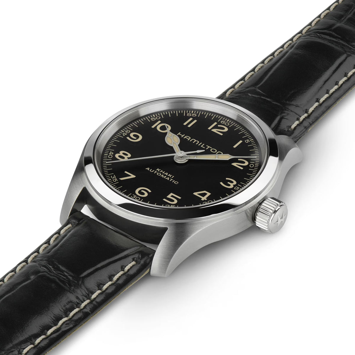 Hamilton Khaki Field Murph H70405730 mens watch side perspective view showing black dial, steel crown, and stitched leather strap
