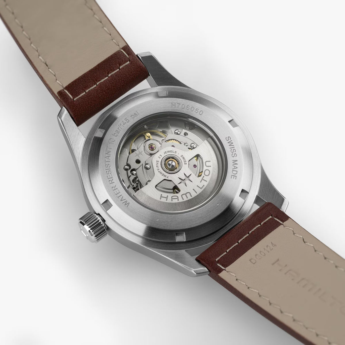 Rear view showcasing the transparent exhibition case back and automatic movement of the Hamilton Khaki Field H70455533