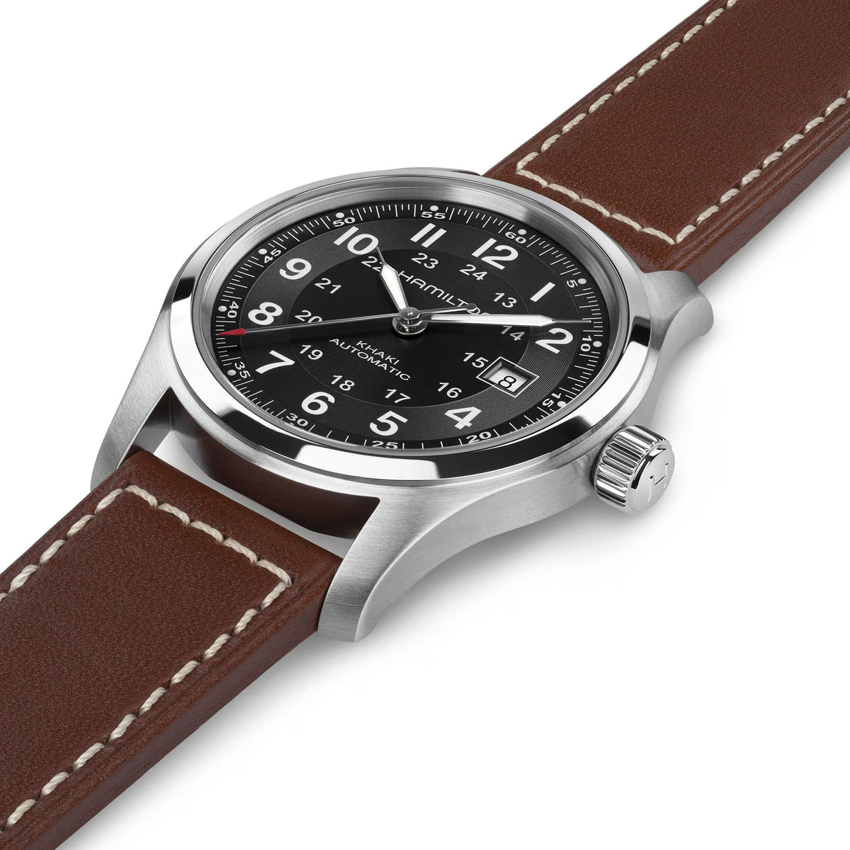 Tilted profile view highlighting the sapphire crystal face and textured brown band of the Hamilton Khaki Field H70455533