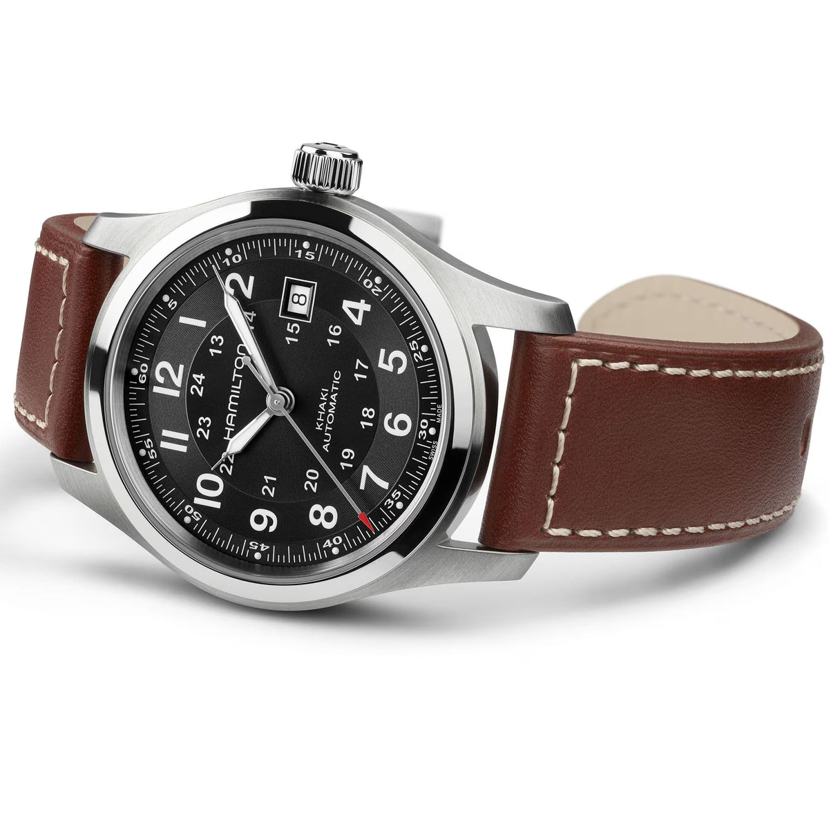 Close-up of the Hamilton Khaki Field H70455533 displaying the polished stainless steel bezel and white contrast stitching