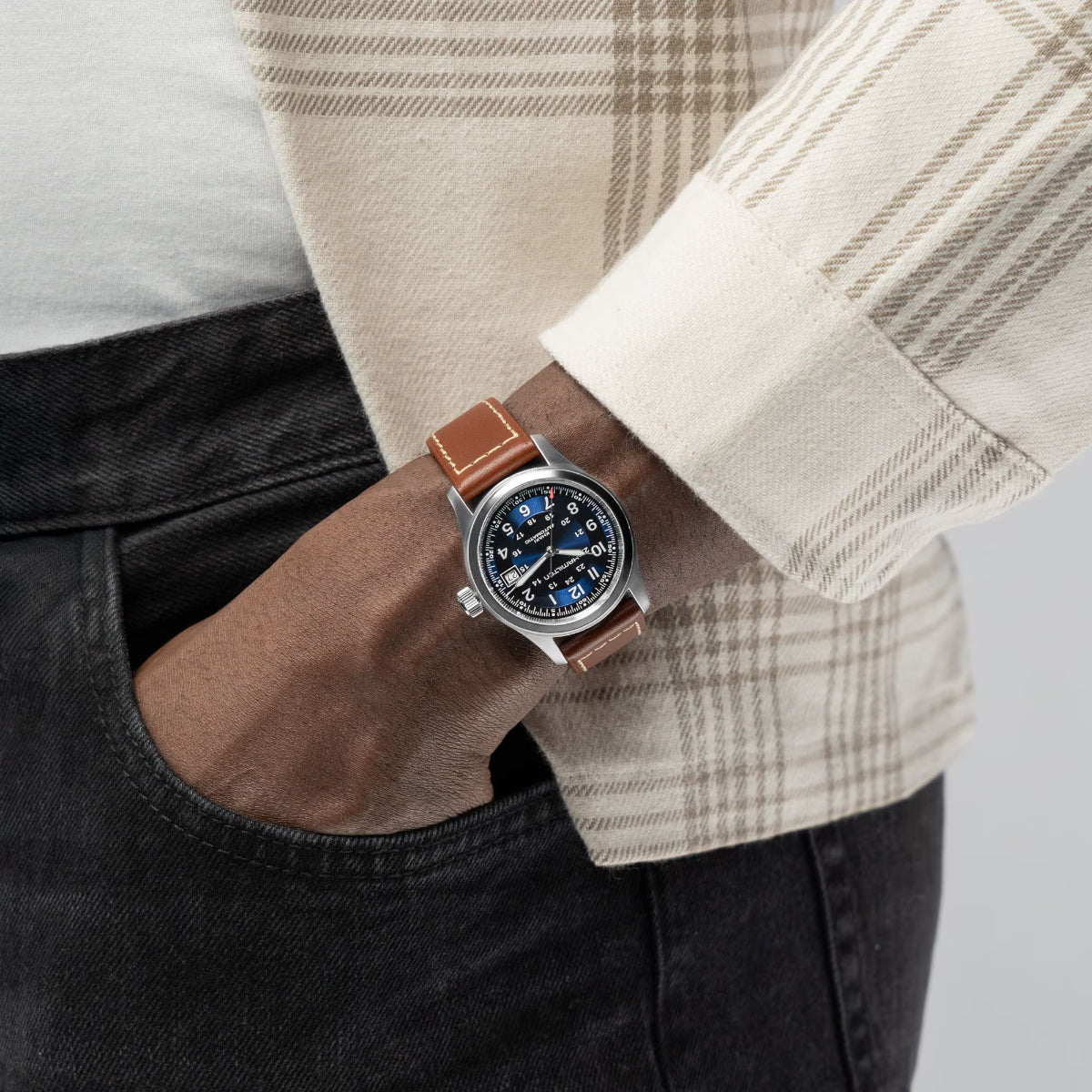 Hamilton Khaki Field 38mm blue dial leather strapwatch worn on wrist