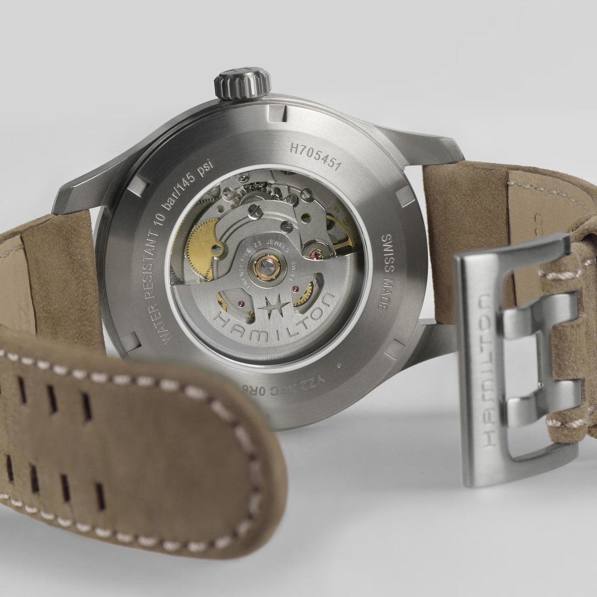 Hamilton Khaki Field H70545540 exhibition caseback revealing H-10 movement